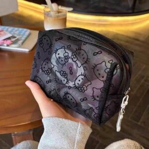 Black Hello Kitty Patterned Cosmetic Pouch Mesh